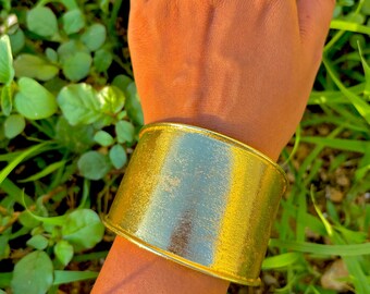 Wide Gold Cuff Bracelet: Adjustable Textured Metal Bangle