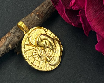 Gold Plated Coin Pendant, Ancient Greek Roman Coin Necklace, Virgin Mother Baby Pendant, Handcrafted Vintage Style Gold Coin Jewelry Gift