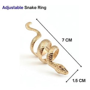 May include: Gold-colored adjustable snake ring. The ring is 7 cm long and 1.5 cm wide. The ring is in the shape of a snake with a textured surface. The text "Adjustable Snake Ring" is in the upper left corner.