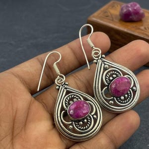 Dyed Ruby Silver Plated Brass Teardrop Earrings, 2 Inch Oval Pink Red Gemstone Dangle Earrings, Boho Waterdrop Jewelry Gift for Her