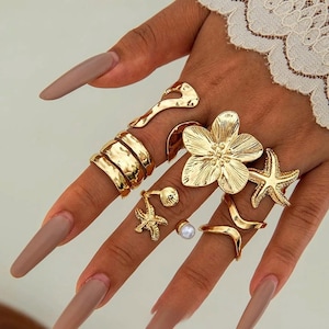 Gold Seestern Blume Shell Ringe, 6-teilig Boho Statement Set