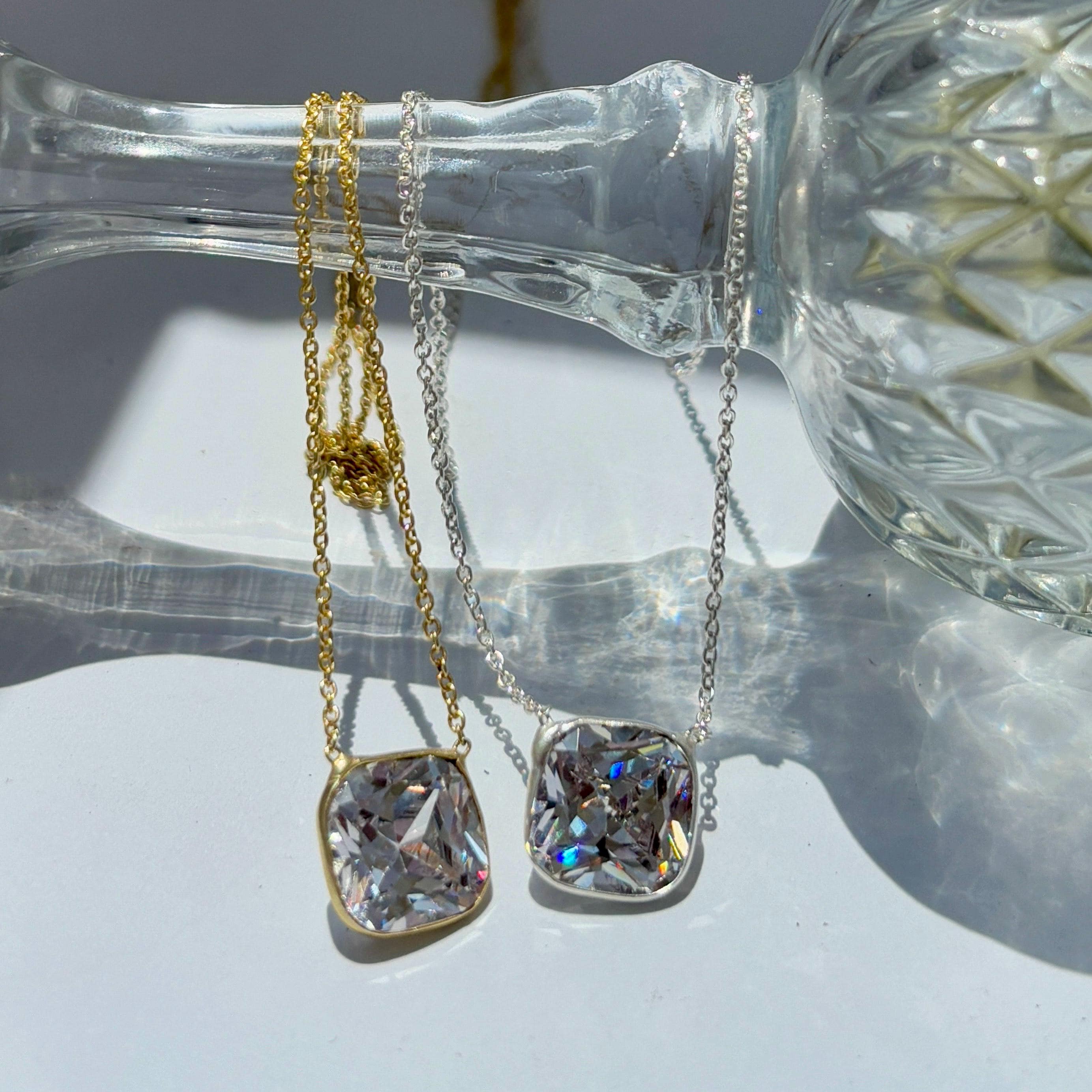 Cushion Cut Crystal Pendant Necklace: Gold or Silver Dainty Chain