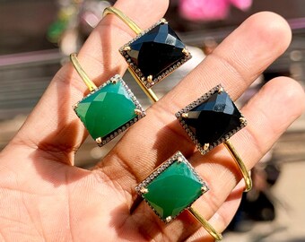 925 Sterling Silver Green Onyx Black Onyx Open Cuff Bangle, Adjustable Bracelet, Square Gemstone Statement Cuff Jewelry for Women