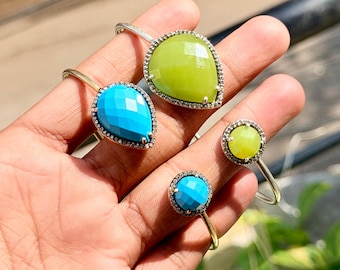 925 Sterling Silver Turquoise Chrysoprase Open Cuff Bangle, Two Stone Gemstone Bracelet, Gold Plated Adjustable Cuff Jewelry for Women