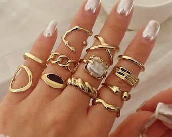 Chunky Gold Plated Ring Set – Pearl, Statement Rings, 12 Piece