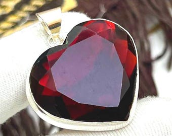 Roter Granat Herz Anhänger, Sterling Silber Boho Halskette