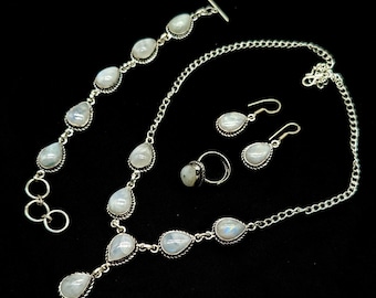 Rainbow Moonstone Jewelry Set: Sterling Silver Pear Necklace, Bracelet, Ring & Earrings