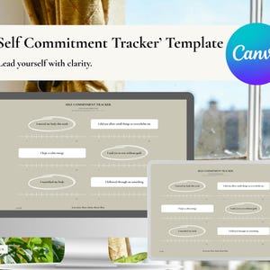 Może przedstawiać: Cyfrowy szablon &bdquo;Self Commitment Tracker&rdquo; wyświetlany na monitorze komputera i tablecie. Szablon zawiera instrukcje do autorefleksji i wyznaczania cel&oacute;w, z logo Canva w prawym g&oacute;rnym rogu. Widoczny jest r&oacute;wnież tekst &bdquo;Lead yourself with clarity&rdquo;.