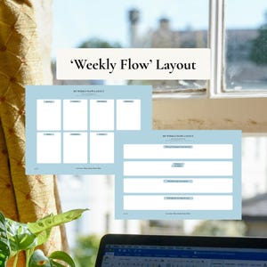 Może przedstawiać: Dwa jasnoniebieskie układy planera tygodniowego z tekstem "My Weekly Flow Layout" i "Weekly Flow Layout" w otoczeniu okna. Układy mają puste miejsca na notatki i zadania. Laptop jest widoczny na pierwszym planie.