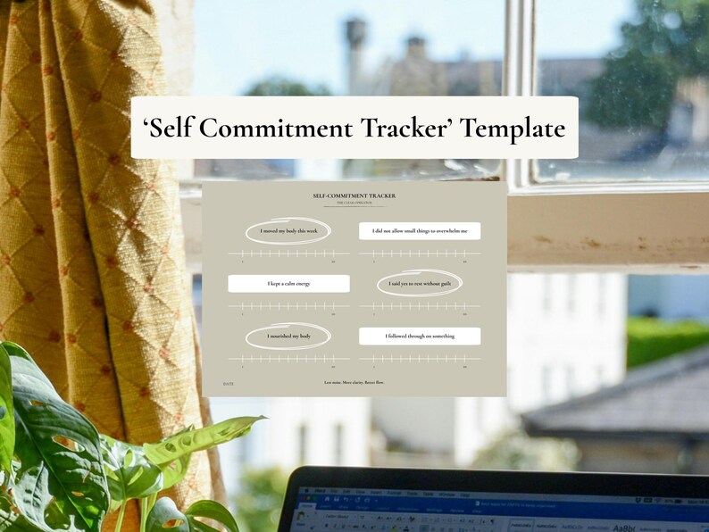 Może przedstawiać: Beżowy szablon 'Self Commitment Tracker' z podpowiedziami do autorefleksji. Szablon zawiera podpowiedzi takie jak "Poruszyłem swoje ciało w tym tygodniu" i "Odżywiłem swoje ciało". Szablon jest wyświetlany w pobliżu okna.
