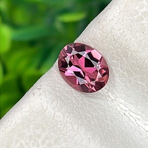 May include: An oval-cut, pink gemstone with facets, set against a white surface. The gemstone's color ranges from light to deep pink, with visible internal structures. The background is a blurred green, suggesting foliage.
