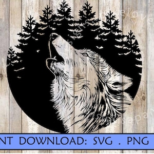 Puede incluir: Silueta en blanco y negro de un lobo aullando a la luna, rodeado de un círculo de pinos.