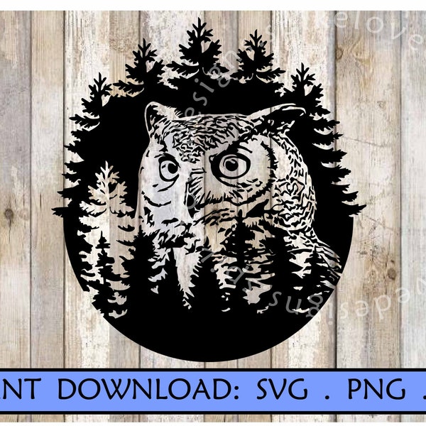 Owl SVG Great Horned Owl SVG Forest Svg nature svg Hunting svg Camping clipart Fall wildlife design Cricut Cut File Woods  Birds of Prey
