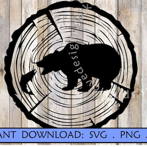 Bear Catching Fish on Tree Stump SVG, Forest Wildlife Design (Digital Download)