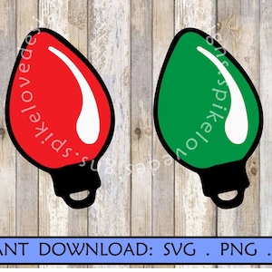 May include: Two Christmas light bulb designs, one red and one green, with white highlights and black bases. The image includes the text "INSTANT DOWNLOAD: SVG . PNG . PDF" at the bottom, suggesting digital files for crafting or design.