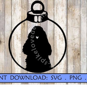 May include: Black silhouette of a dog inside a Christmas ornament shape. A small heart is visible on the dog's chest. The text "INSTANT DOWNLOAD: SVG . PNG . PDF" is in a blue rectangle at the bottom.