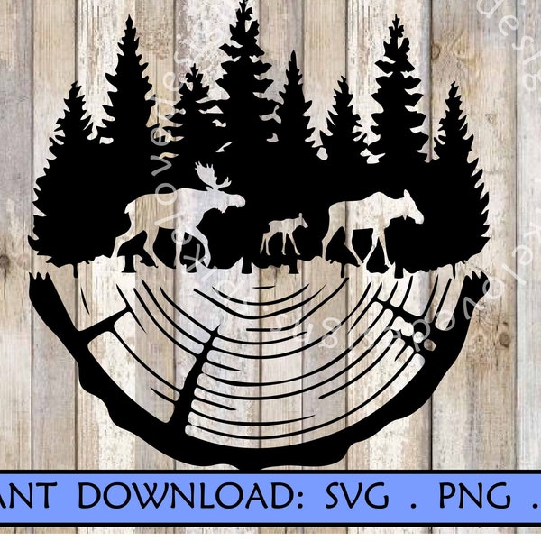 Souche d'arbre Orignal SVG Forêt Faune Paysage Chasse Camping clipart animal des bois Cricut Coupe Fichier Woods Conception d'aventure sauvage