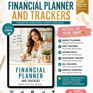 May include: A digital financial planner and tracker template set featuring text that reads Financial Planner and Trackers, Plan Better, Spend Wisely, Achieve Your Goals, and Resell As Your Own. Includes icons for budget, debt, savings, and investment tracking.