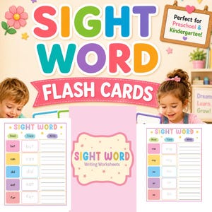 Puede incluir: Tarjetas didácticas de palabras visuales y hojas de trabajo de escritura con texto colorido y diseños educativos. Los materiales incluyen secciones para leer, trazar y escribir palabras como but, can, did, eat, for, me, my, no, or y so.