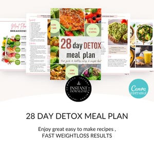 Könnte beinhalten: Ein digitaler Ernährungsplan mit dem Titel "28 Day Detox Meal Plan" und dem Text "Enjoy great easy to make recipes, FAST WEIGHTLOSS RESULTS." Der Plan enthält Bilder von Lebensmitteln und die Wörter "Low Carb" und "Clean Eating."