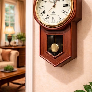 Puede incluir: Un reloj de pared de madera con esfera circular, bisel color latón y números romanos. El reloj presenta el texto Franklin & Murphy y Oxford. Debajo de la esfera hay una sección con panel de cristal que contiene un péndulo de color dorado.