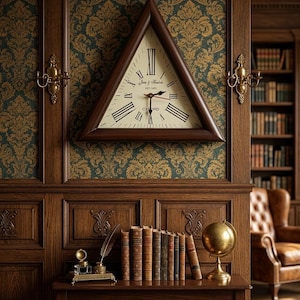 May include: A triangular wall clock with a dark wood frame and an off-white face featuring black Roman numerals and the text "Jane & Houloks EST 1953" and "CKFORD". The clock is mounted on a wall with dark green and gold patterned wallpaper.