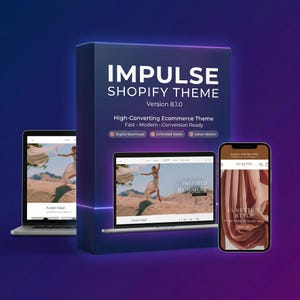 Może przedstawiać: Cyfrowe pudełko produktu z tekstem "IMPULSE SHOPIFY THEME Version 8.1.0". Obrazek przedstawia laptopa i telefon wyświetlający stronę internetową z tekstem "FLASH SALE" i "INSPIRED BY NATURE". Telefon wyświetla tekst "LUXETTE'S STYLE".