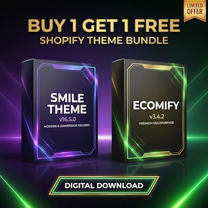 May include: Two black boxes with the text "SMILE THEME" and "ECOMIFY" in white. The boxes are labeled "v16.5.0" and "v3.4.2" respectively. The image also includes the text "BUY 1 GET 1 FREE" and "DIGITAL DOWNLOAD".
