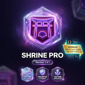 Könnte beinhalten: Eine digitale Grafik mit einem lila und weißen Schrein-Symbol in einem sechseckigen Rahmen. Der Text "SHRINE PRO" wird darunter angezeigt, zusammen mit "Version 1.6.1". Zusätzliche Symbole zeigen "Lebenslanger Zugriff", "Unbegrenzte Shops" und "Lebenslange Updates". Ein Bonusangebot ist ebenfalls enthalten.