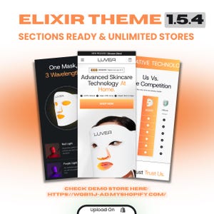 May include: Promotional image for "ELIXIR THEME 1.5.4" featuring three mockups of skincare product displays. The displays showcase a white LED face mask, with text reading "Advanced Skincare Technology At Home" and "One Mask, 3 Wavelengths."