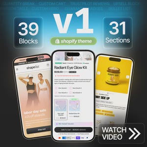 May include: A promotional image showcasing three smartphones displaying e-commerce content. One phone highlights a Labor Day sale, another features a Radiant Eye Glow Kit, and the third showcases a skincare product. The image also includes Shopify theme branding and a 'Watch Video' button.