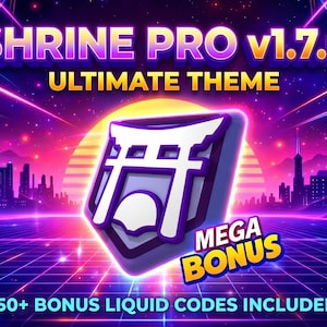 Puede incluir: Gráfico digital con el texto "SHRINE PRO V1.7.0 ULTIMATE THEME" en morado y dorado. Un icono blanco y morado está en el centro, con las palabras "MEGA BONUS" en amarillo. El fondo presenta un paisaje urbano y una cuadrícula.