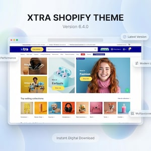 May include: A digital display of the XTRA Shopify Theme, version 6.4.0, showcasing a website interface with product categories and a smiling woman. The design highlights "High Performance", "Latest Version", "Modern UI Design", and "Multipurpose Theme".