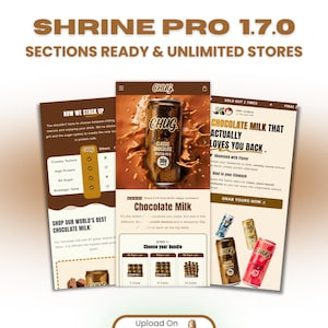 Op de afbeelding: Promotieafbeelding voor "Shrine Pro 1.7.0" met drie mobiele app-schermen. De schermen tonen "Chug" Classic Chocolate Protein Milk, met de nadruk op de romige textuur, het hoge eiwitgehalte en geen suiker. Er worden ook bundelopties weergegeven.