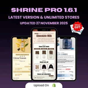 Puede incluir: Tres smartphones muestran información de productos. El texto superior dice "SHRINE PRO 1.6.1" y "LATEST VERSION & UNLIMITED STORES". Las pantallas muestran paquetes de productos, opciones de suscripción y una oferta de "SPECIAL GIFT". La parte inferior de la imagen dice "Upload On".