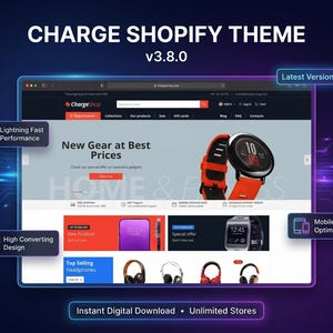 Puede incluir: Diseño web para un tema de Shopify, con el texto "CHARGE SHOPIFY THEME v3.8.0". El sitio web muestra un reloj inteligente con una correa naranja. El texto adicional incluye "Lightning Fast Performance", "High Converting Design" y "Mobile Optimized".