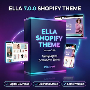 Puede incluir: Anuncio digital del tema Ella Shopify, versión 7.0.0. La imagen presenta una caja con el nombre y el logotipo del tema, junto con maquetas en un portátil y un smartphone. El tema se describe como un tema de comercio electrónico multipropósito.