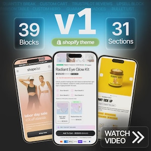 May include: A promotional image showcasing three smartphones displaying e-commerce content. One phone highlights a Labor Day sale, another features a Radiant Eye Glow Kit, and the third showcases a skincare product. The image also includes Shopify theme branding and a 'Watch Video' button.