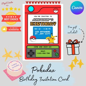 Faire-part d'anniversaire Pokémon | Carte d'invitation imprimable personnalisable de | Téléchargement instantané | Modèle de toile modifiable | Jeu-questionnaire amusant | Coloration