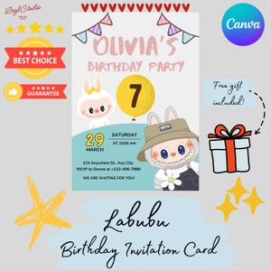 Labubu-verjaardagsuitnodiging | Aanpasbare afdrukbare sjabloon | Direct downloaden | Gratis kleurplaten | Leuk quizspel | Verjaardagskaart voor kinderen