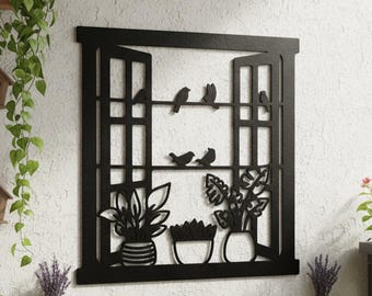 Arte de pared de metal con pájaros y plantas en ventana abierta, decoración del hogar con pájaros en alambre, elegante escena de pájaro en ventana, regalo para amantes de la naturaleza, regalo para amantes de las aves