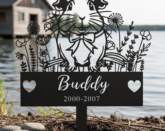 Estaca conmemorativa personalizada para conejillo de indias con flores, lápida de metal personalizada para conejillo de indias, estaca de cementerio para mascotas, pérdida de un conejillo de indias
