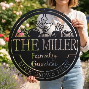 May include: Black metal garden sign with a circular design. The sign features cut-out silhouettes of vegetables and the words "THE MILLER Family Garden LOVE GROWS HERE". The sign is held by a person in front of a garden.