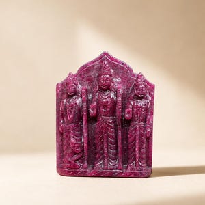 Ram Darbar Ruby Gemstone Sculpture, Hand Carved Hindu God Statue, Indian Temple Art