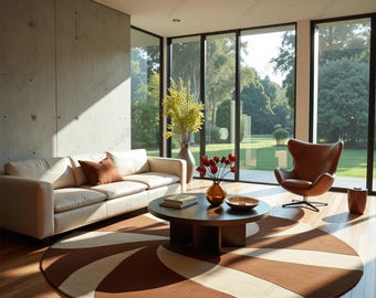 Handmade Wool Round Rug: Abstract Brown Beige Circle Carpet