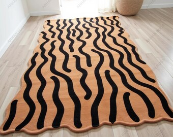 Handmade Wool Area Rug: Abstract Orange & Black Wavy Line Design