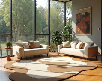 Handmade Abstract Wool Area Rug | Modern Brown Beige Tufted Carpet