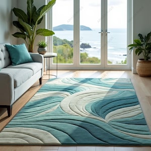 Handmade Wool Area Rug: Coastal Waves Design, Aqua Blue & Teal Carpet