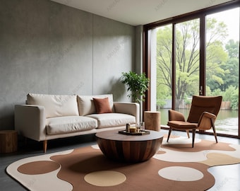 Abstract Wavy Wool Rug: Brown Beige Handmade Carpet