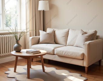 May include: A living room scene featuring a beige sofa with matching pillows, a round wooden coffee table, and a unique rug with an organic shape. A vase with greenery and a floor lamp add to the cozy ambiance. The rug's dimensions are not visible.